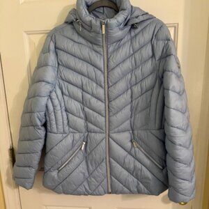 Michael Kors Baby Blue Chevron Hooded Puffer Jacket Sz L